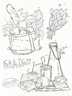 a drawing of some food and utensils on a table with the words sketch now above it