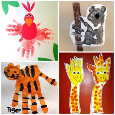 four different handprints with animals and giraffes on them