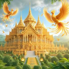 two birds flying over a golden building in the middle of trees and bushes, while another bird hovers above it