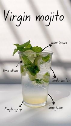 a glass filled with ice and mint on top of a table