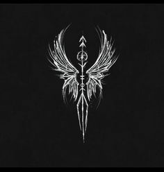 the white angel symbol with wings and arrows on it's back side, against a black background