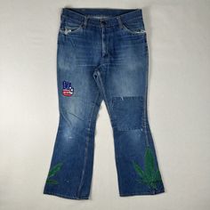 Overall Good Condition For Its Age Some Small Distressed Holes On The Front Of Both Pant Legs One Larger Hole On The Back Upper Right By The Center Seam Weed Leaf Embroidered On The Outsides Of Each Pant Leg Patch Work On The Left Knee Back Right Pocket Was Removed Measurements Are Located In The Photos 60 Day Free Returns On Both New And Used Items. New With Tags Items That Are Returned With Signs Of Wear And/Or Missing Tags Will Not Be Eligible To Be Returned For The Full Purchase Price And Wi Peace Protest, Mens Bootcut Jeans, Patch Work, Jeans Men, Bootcut Jeans, Clothing Items, Mens Jeans, Favorite Outfit, The Outsiders