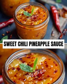 sweet chili pineapple sauce in two glass jars with mint garnish on top