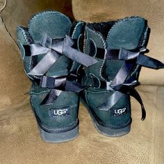 Size 8 Boots Not Worn Many Times. A Little Snug For Me. Elliana Aesthetic, Ugg Ribbon Boots, Denim Ugg Boots, Ugh Boots With Bows, Navy Blue Ugg Boots, Black Sequin Ugg Boots, Shoes Wishlist, Ugg Black, Shoes Ugg