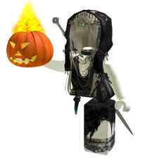 a skeleton wearing a mask and holding a lit up pumpkin in front of a white background