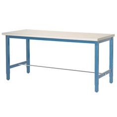 a white and blue table with metal legs