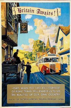 an advertisement for britain awaits passengers to board the bus and go down the road