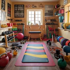 a room filled with lots of different types of yoga mats and exercise balls on the floor