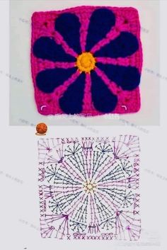 crocheted square with flowers on the side and an image of a flower in the middle