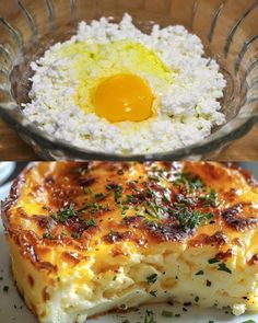 an egg and cheese dish on a plate next to another dish with rice in it