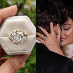 a woman holding a ring in her hand next to a photo of a man and woman