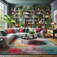 a living room filled with furniture and lots of plants on the shelves in front of it