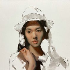 a painting of a woman wearing a white hat and holding her hand under her chin