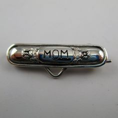 "This antiqued, sterling silver Mom Pin-Small features a sterling wire clip on back for the easy addition or removal of a single charm. Pins are easily attached to blouses, sweaters, jackets, jeans and other apparel and accessories. Vintage, but in brand new, never worn condition. Made by Brown County Silver. 1 1/8\" wide 2.4 grams See more @ https://www.etsy.com/shop/brocosi" Personalized Silver Pins For Anniversary, Personalized Silver Brooches For Anniversary, Pin Charms, Brown County, Charm Holder, Beste Mama, Scarf Pin, Jackets Jeans, Small Charms