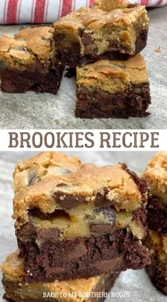 chocolate chip cookie brownies are stacked on top of each other, and one is cut in half