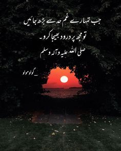 the sun is setting behind some trees with arabic writing on it, and there are leaves in