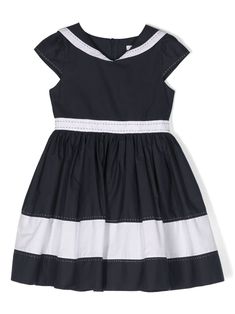 navy blue/white cotton poplin texture V-neck polo collar ruffled detailing at the shoulder fitted waistline A-line skirt with ruched detailing cotton lining Cotton V-neck Dress With Pleated Waist, Formal Cotton Dress With Pleated Waist, Spring Sleeveless School Uniform Dresses, Elegant Cotton Dress With Pleated Waist, Elegant Summer Dresses With Striped Collar, Chic White Dress With Striped Collar, Classic Cotton Summer Dress, Fitted Short Sleeve Dress With Striped Collar, Classic Summer Dress With Striped Collar