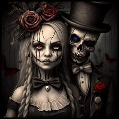 a couple dressed up as skeletons with red eyes and roses in their hair, standing next to each other