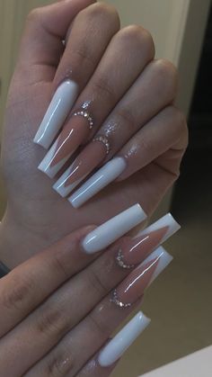 Long Acrylic Nail Designs, White Acrylic Nails, French Tip Acrylic Nails, Long Square Acrylic Nails, Bling Acrylic Nails