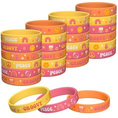 PRICES MAY VARY. Groovy Hippie Boho Party Wristbands: You can get 24 pieces silicone wristbands in three different colors (pink,orange,yellow), 8 pieces for each color. Printed with “Groovy” “Peace” and several adorable patterns on the bracelet. The vivid patterns and vibrant colors can catch kids attention, believe that kids will love them. Size Details: The perimeter of the bracelet is about 7.9 inches and the width approx. 0.4 inches. The bracelet it is a stretchable design, which is suitable Preppy Party Decorations, Boho Themed Party, Bracelets Rainbow, Party Wristbands, Boho Birthday Party, Preppy Party, Rainbow Peace, Retro Daisy