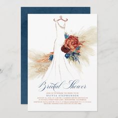 the bridal shower card features an elegant gown and flower bouquets on top of it