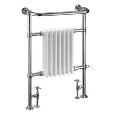 a white radiator with two chrome pipes