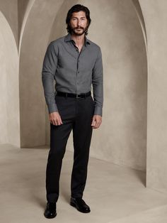 This dress shirt is made from soft cotton defined by a micro, dobby texture with a classic cutaway collar.  True Slim Fit: Slimmer than our Tailored Slim, this cut has a close fit with darts at the back.  Cutaway collar with button-front closure.  Troca shell buttons.  Shirttail hem with gusset detail.  Fabric from Turkey's SÖKTAŞ mill.  True Slim Fit: Slimmer than our Tailored Slim, this cut has a close fit with darts at the back.  Long sleeves.  Hip length.  Model: Size M, 6'2" (188cm). Formal Pant And Shirt Men, Shirts Combination Men, Men’s Dress Casual, Mens Fashion Wedding Guest Semi Formal, Shirt And Trousers Men Outfits Formal, Men Casual Party Outfit, Formal Shirt And Pants Men, Best Formal Dress For Men Wedding, 2 Button Suit Men