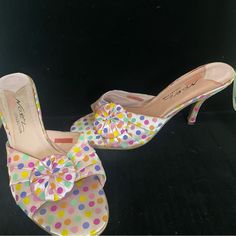 Light Pink And Colorful Polka Dot Open Toe Sandals. There Is Some Glue Lift In The Sole Where Your Heel Meets. It Can Be Reglued. Heel Height Is 3.75. Never Worn. Style Name Is Jimmy Brand Is Noel Collection. Vintage Mules, Things I Wanna Buy, Shoes Vintage, Open Toe Sandals, Toe Sandals, Vintage Shoes, Dress Accessories, Women's Shoes Sandals, Open Toe