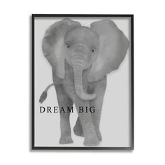 an elephant with the words dream big on it's face in black and white