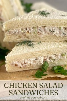 Triangle shaped chicken sandwiches on white bread sitting on a wooden board scattered with parsley and dill. Chicken Sandwich Filling, Party Sandwiches Recipes, Chicken Mayonnaise, Chicken Mayo Sandwich, Tea Party Sandwiches Recipes, Mayonnaise Sandwich, Awesome Chicken, Mayo Sandwich, Chicken Salad Sandwich Recipe