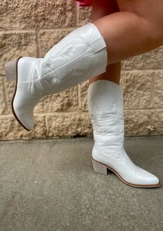 SHOES 6 / WHITE The Caroline Boot Western White Boots With Stacked Heel, White Boots For Ranch In Fall, White Mid-calf Boots For Spring Outdoor Activities, White Mid-calf Boots For Spring Ranch Wear, White Mid-calf Boots For Spring, White Wide Calf Knee-high Boots For Fall, Trendy Knee-high Spring Moto Boots, White Western Heeled Boots For Fall, White Mid-calf Boots For Ranch In Fall