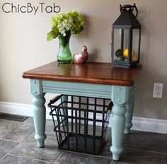 a blue table with a basket on top