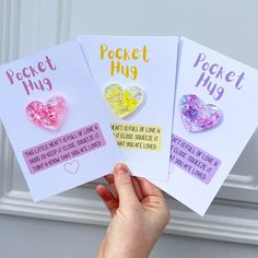 three valentine's day cards with glitter hearts in the shape of heart and pocket hug