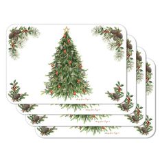 four placemats with christmas trees and pine cones on the top, one is white