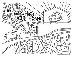 a coloring page with the words make her your home and an image of jesus in his crib