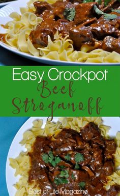 easy crockpot beef stroganoni with pasta on a white plate and green background