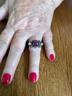 Beautiful Sterling Silver Faceted Ruby with Pearls and White stones, marked 925 SI India, size 10 Silver Ruby Ring With Stones For Anniversary, Silver Ruby Ring For Anniversary, Vintage Rings With Stones For Anniversary, Vintage Anniversary Rings With Stones, Silver Multi-stone Pearl Ring, Ruby And Pearl Ring, Ruby And Pearl, Marcasite Earrings, Triple Ring