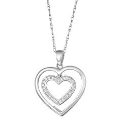 10k White Gold 1/6 Carat T.W. Diamond Double Heart Pendant, Women's, Size: 18"" Heart-shaped Brilliant Cut White Gold Diamond Necklace, White Gold Heart Shaped Diamond Necklace With Brilliant Cut, White Gold Open Heart Diamond Necklace Fine Jewelry, White Gold Open Heart Diamond Necklace, Heart Shaped Brilliant Cut White Gold Diamond Necklace, Fine Jewelry White Gold Open Heart Diamond Necklace, White Gold Diamond Open Heart Necklace, White Gold Diamond Necklace With Open Heart, White Gold Diamond Necklace With Open Heart Design