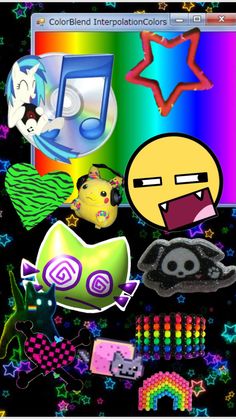 an image of various stickers on a black background with rainbows and stars in the background