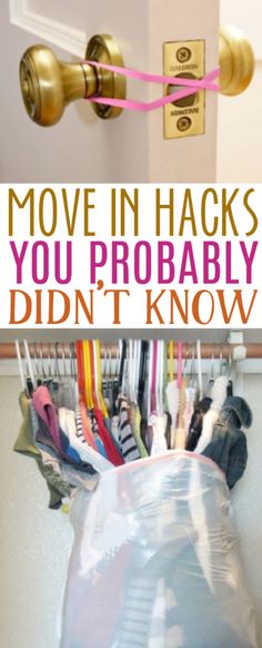 there is a bag with clothes hanging from it and the words move in hacks you probably didn't know