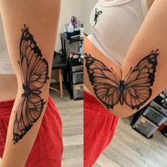 two women with butterfly tattoos on their stomachs, one is showing the other side