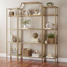 a gold shelf with plants and books on it