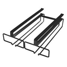 a black metal shelf with two shelves on each side and one shelf attached to the wall