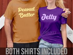 THIS LISTING IS FOR BOTH SHIRTS - Peanut Butter AND Jelly  The best sandwich combination is now the best outfit to wear with your BFF, husband, wife, friend, bride, groom, even sibling for Halloween this year! Pair these two beauties together for a great matching couples Halloween costume that is simple and easy. Our colorful design makes a great gift for a new mom and child, too! Match with your little peanut this Mother's Day! Our peanut butter and jelly shirts come on a brown, red or purple shirt. The brown shirt for Peanut Butter may vary in color, though we do our best to use the Bella Canvas "TOAST" color. Availability may require us to use a more brown colored shirt if the need arises. The jelly design will be on a red or purple colored shirt. Shirts are a unisex fit (ladies fit ava Peanut Butter And Jelly Halloween, Peanut Butter And Jelly Costume, Easy Couples Costumes, Best Friend T Shirts, Couples Halloween Costume, Peanut Butter And Jelly, Couples Halloween, Best Friend Shirts, Group Halloween Costumes