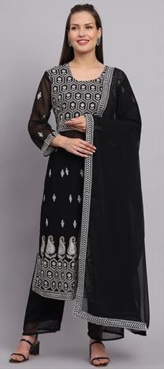 Black and Grey color Salwar Kameez in Faux Georgette fabric with Embroidered, Resham, Sequence, Thread work Casual Salwar Kameez, Resham Work, Georgette Fabric, Thread Work, Casual Black, Grey Color, Salwar Kameez, Gray Color, Black And Grey