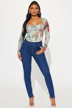 Available In Light Blue And Denim. Square Neck Long Sleeve Floral Print Mesh Stretch Disclaimer: Print Placement May Vary. Body: 95% Polyester 5% Spandex Lining: 100% Polyester Imported | Charlotte Mesh Corset Top in Light Blue size Small by Fashion Nova Non-stretch Long Sleeve Denim Tops, High Waist Denim Tops For Fall, Fall High Waist Denim Tops, Fall Floral Print Blue Jeans, Blue Slim Fit Top For Spring, Slim Fit Blue Tops For Spring, Fitted Floral Print Denim Jeans, Fitted Denim Blue Top, Spring Long Sleeve Fitted Tops