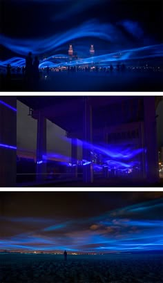 three different shots of blue lights in the sky