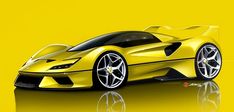 a yellow sports car is shown on a reflective surface