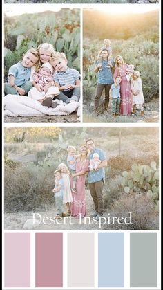 a collage of photos with the words desert inspired in different colors and sizes, including pink