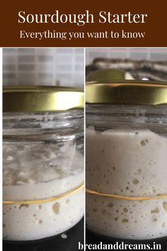 two images show how to make sourdough starter in a glass jar with gold trim